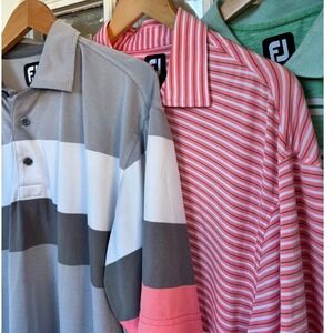 Footjoy FJ Mens Golf Polo Shirt Lot 3 Large Gray White Coral Stripe Short Sleeve